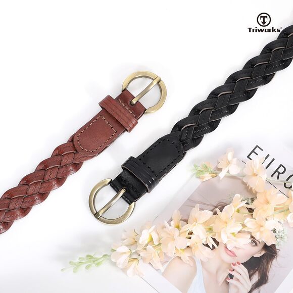 6136 2 Pack Women\'s Leather Braided Skinny Belts Woven Thin Waist main image 3